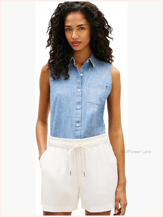 Women's Lightweight Cotton Button Down Sleeveless Chambray Shirt